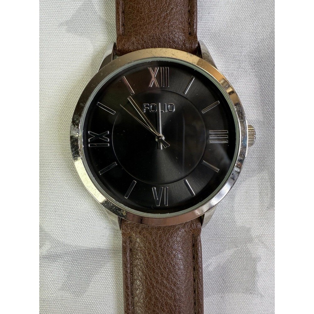 Folio Men’s Watch With Black Face And Brown Leather Strap, New Battery